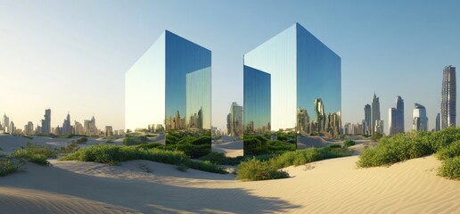 Fototapeta premium Reflective Structures in Desert Landscape