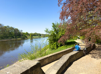 Relaxing on the banks of the Elbe in Saxony near Dresden in the spring