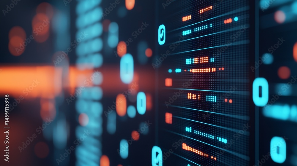 Poster digital data visualization with glowing elements on a dark background.