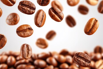 Falling roasted coffee beans captured on a white background with focus on details
