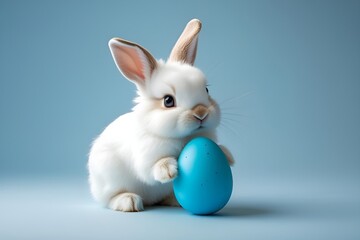 Obraz premium Adorable White Baby Bunny with Blue Easter Egg on Soft Blue Background