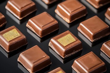 Delicious chocolate squares arranged on a black surface.