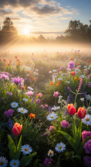 A vast dreamy meadow filled with glittering wildflowers at dawn