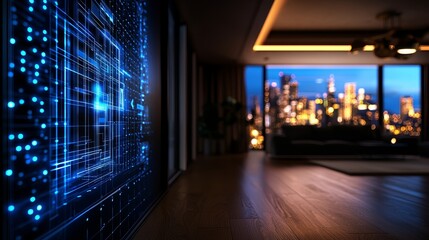 Modern interior featuring digital art and a city skyline view at dusk.