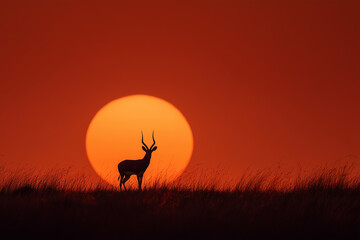 A striking silhouette of an antelope stands calmly on the savanna as a massive orange sun sets in the background. 