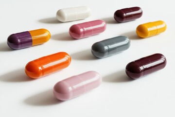 Colorful assortment of pills and capsules arranged neatly on a clean white surface for health and medication purposes