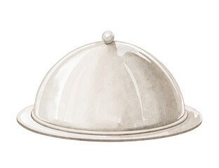 Watercolor vintage iron metal kitchen tray with dome for food and dishes isolated on white background. Hand drawn illustration sketch
