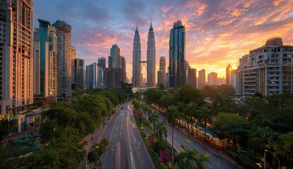 Fototapeta premium Sunset skyline of bustling city with iconic skyscrapers.