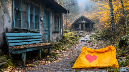 Idyllic autumn scene with rustic cabins and a heartwarming symbol of affection
