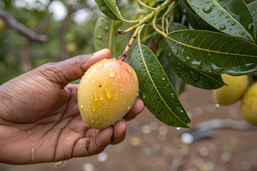 Hand holding a perfectly picked marula berry with dew drops. Organic farming and fresh produce.