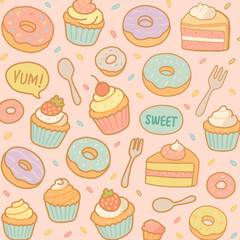 A cute seamless pattern featuring donuts, cupcakes, cake slices, and sweet treats in pastel colors. This dessert-themed background includes speech bubbles, forks, spoons, and sprinkles for packaging.