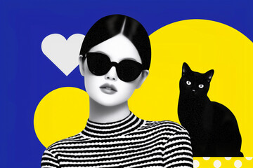 Fototapeta premium Pop Art Woman with Black Cat and Yellow Circles on Blue