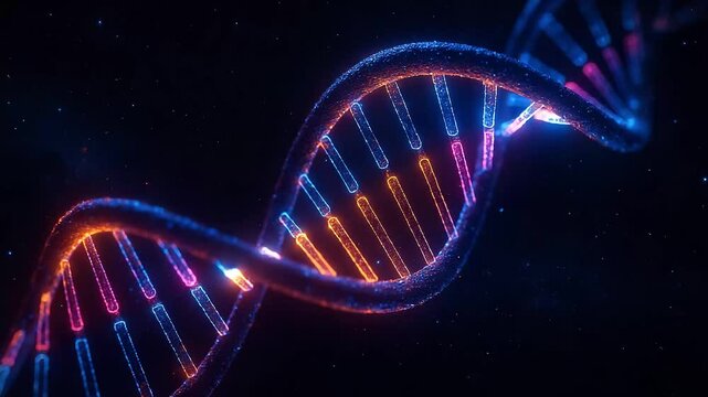 Abstract DNA strand rotating in space with colorful light effects  