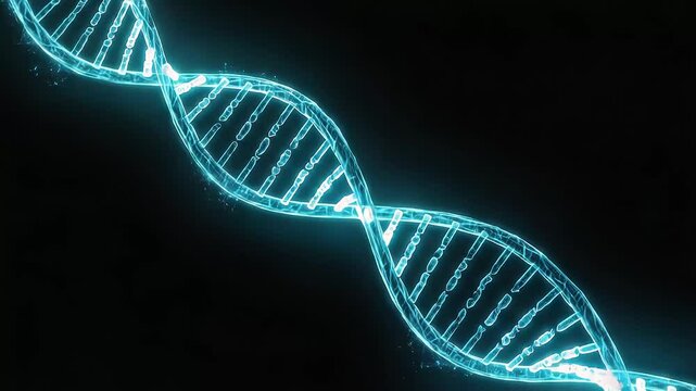 Abstract DNA strand rotating in space with blue glowing effect  