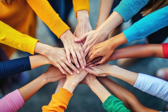 Community unity through diverse hands coming together in a vibrant display of collaboration and support during a local event - Powered by Adobe