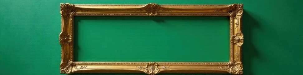 Antique gold frame, empty, ornate details, green wall backdrop, texture, antique