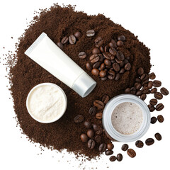 Ground coffee whole beans cream and scrub rest with containers. Creative arrangement suggests potential ingredients for manufactured skincare products