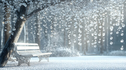 Frozen droplets clinging to tree branches, bench shrouded in winter scenery