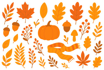 Fototapeta premium Autumn collection with fallen leaves, pumpkin, acorns, berries and scarf vector illustration set