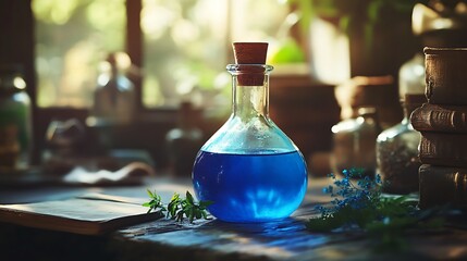 Intricate glass container filled with vivid blue liquid.
