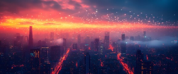 Futuristic Cityscape with Glowing Network Overlay Under Fiery Su