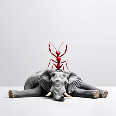 Bold Red Ant Standing Triumphant on Sleeping Elephant – Conceptual 3D Illustration on White Background