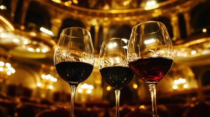 Three glasses of red wine in a luxurious opera house setting
