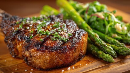 Grilled steak with asparagus and greens on a wooden platter.