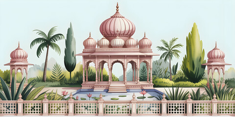 Watercolor Illustration of Ornate Indian Palace Garden with Pink Marble Pavilion and Lotus Pool