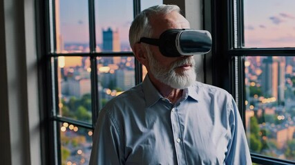 Senior man explores virtual world at window. VR headset enhances digital experience. Technology empowers senior with vr immersion. Urban view adds realism to virtual innovation for senior.