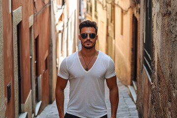 Obraz premium Confident fit man in sunglasses standing in narrow urban alleyway with colorful buildings during bright daylight