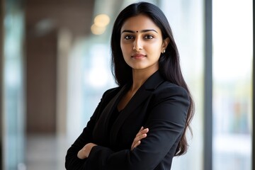 Confident Indian businesswoman in a black suit stands poised in a modern office with large windows, showcasing professionalism and determination in her expression