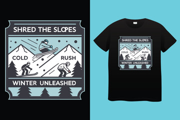 Snowboard Racer in Action &ndash; Mountain Adventure Vector Art for T-Shirt. Winter Sports Snowboarder with Mountains &ndash; Cool Vector Graphic.