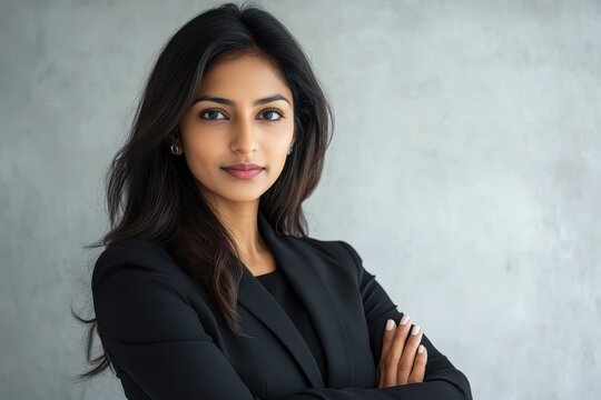 Confident Indian businesswoman in black suit poses with arms crossed in a modern office environment during a business meeting in the early afternoon