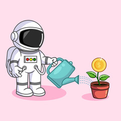 Astronaut Watering a Money Plant Vector Illustration Cartoon Design
