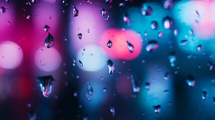 Fototapeta premium Colorful city lights seen through rain-spotted glass.