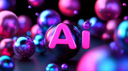 3D text "AI" in digital artwork background with vibrant colors and intricate details 3D rendering, close-up, macro photography.