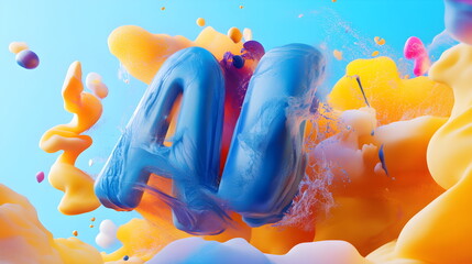 3D text "AI" in digital artwork background with vibrant colors and intricate details 3D rendering, close-up, macro photography.