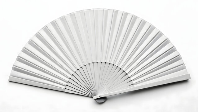 White handheld fan mockup with pleated structure and wooden frame, top view layout perfect for summer accessories, decoration, or print customization