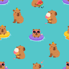 Seamless pattern with cute summer capybaras in various poses and items. Hand drawn cartoon flat style. Vacation seasonal template for design, kids collection
