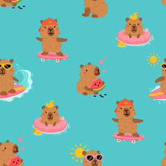 Seamless pattern with cute summer capybaras in various poses and items. Hand drawn cartoon flat style. Vacation seasonal template for design, kids collection