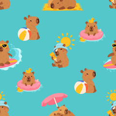 Fototapeta premium Seamless pattern with cute summer capybaras in various poses and items. Hand drawn cartoon flat style. Vacation seasonal template for design, kids collection