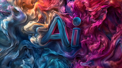 3D text "AI" in digital artwork background with vibrant colors and intricate details 3D rendering, close-up, macro photography.