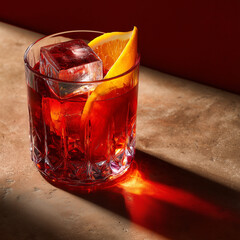 Negroni, Italian gin and vermouth cocktail, classic Negroni cocktail in a crystal glass with a large clear ice cube and orange twist garnish