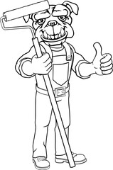 A bulldog painter decorator handyman cartoon construction man mascot character holding a paint roller tool