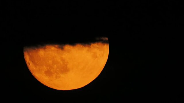 huge orange moon rises up in the evening sky