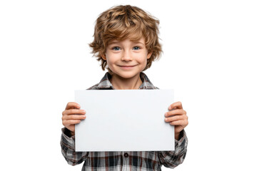 Fototapeta premium Boy holding a blank sign, isolated on transparent background 