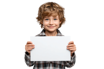 Boy holding a blank sign, isolated on transparent background
