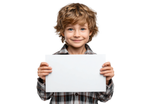 Boy holding a blank sign, isolated on transparent background 