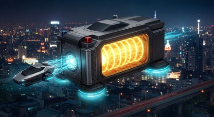 Futuristic Cargo Drone Transporting Car over City